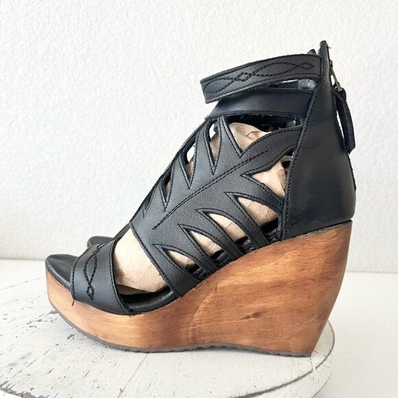 Lane Boots BECCA Womens Black Wedges 7.5 Western Sandals Cowgirl Leather Heels - Picture 4 of 11